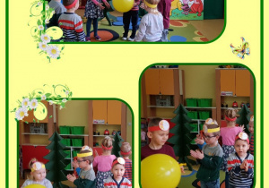 W żółtej ramce trzy zdjęcia . Dzieci świętują Dzień Kubusia Puchatka.